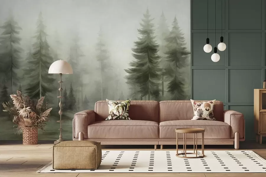 murais de parede Uma floresta densa com pinheiros altos envolta num nevoeiro leve, uma obra de arte paisagística com textura w09830v1