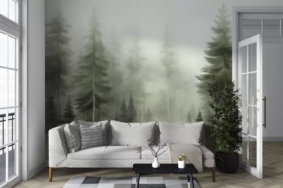 murais de parede Uma floresta densa com pinheiros altos envolta num nevoeiro leve, uma obra de arte paisagística com textura w09830v1