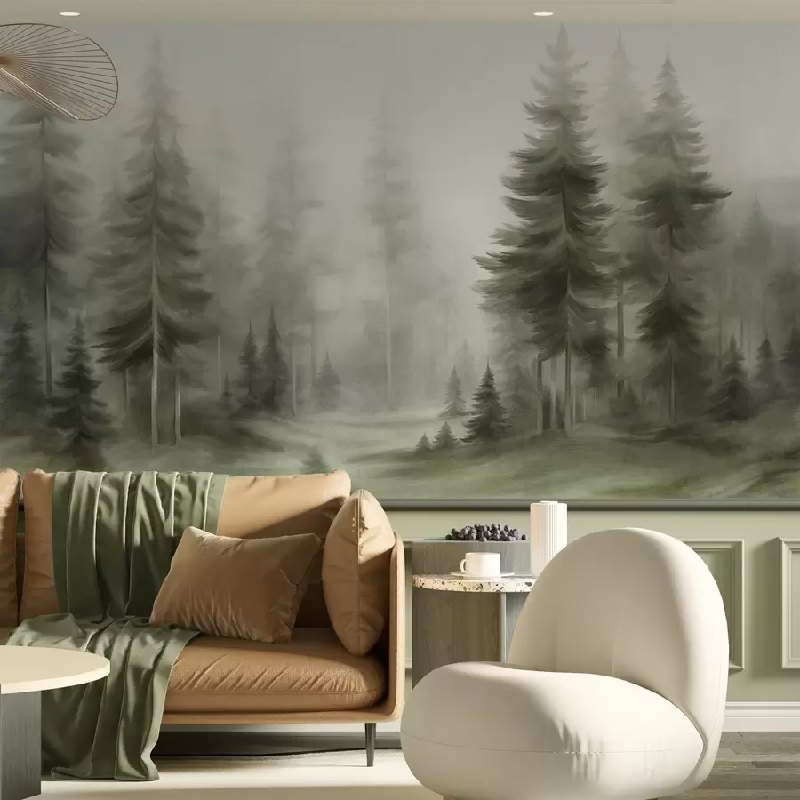 murais de parede Uma floresta densa com pinheiros altos envolta num nevoeiro leve, uma obra de arte paisagística com textura w09830v1