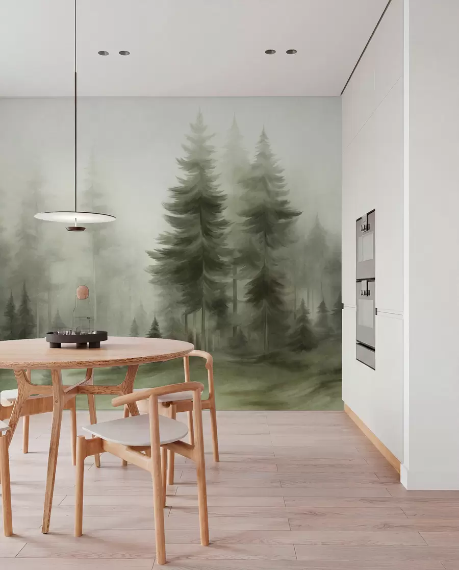 murais de parede Uma floresta densa com pinheiros altos envolta num nevoeiro leve, uma obra de arte paisagística com textura w09830v1
