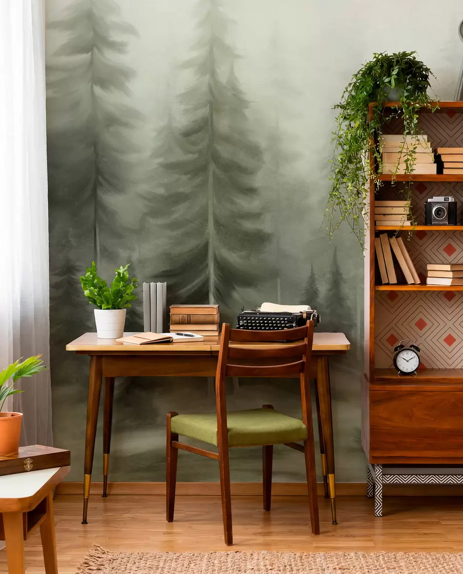 murais de parede Uma floresta densa com pinheiros altos envolta num nevoeiro leve, uma obra de arte paisagística com textura w09830v1