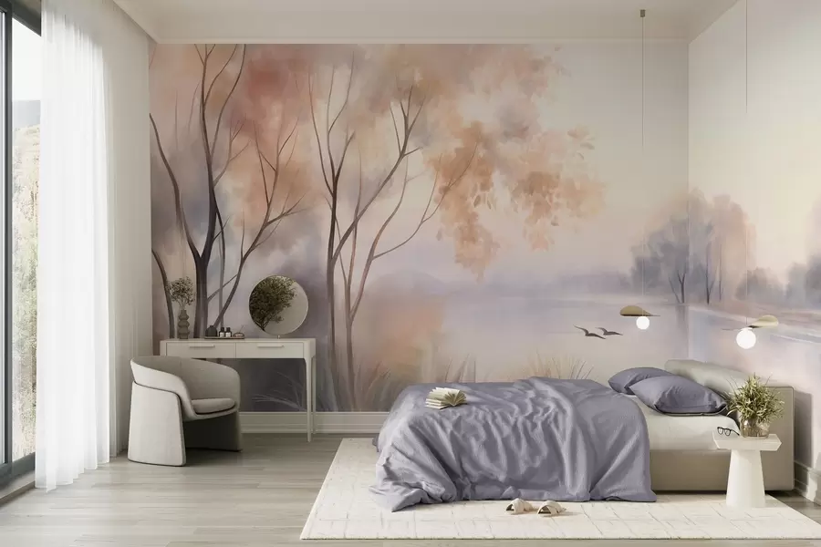 murais de parede Paisagem: um lago enevoado com árvores e juncos, pássaros a voar, estilo de pintura em aguarela com textura w09866