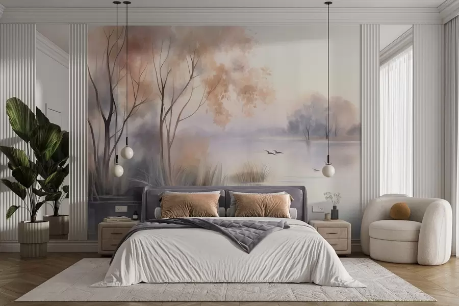 murais de parede Paisagem: um lago enevoado com árvores e juncos, pássaros a voar, estilo de pintura em aguarela com textura w09866