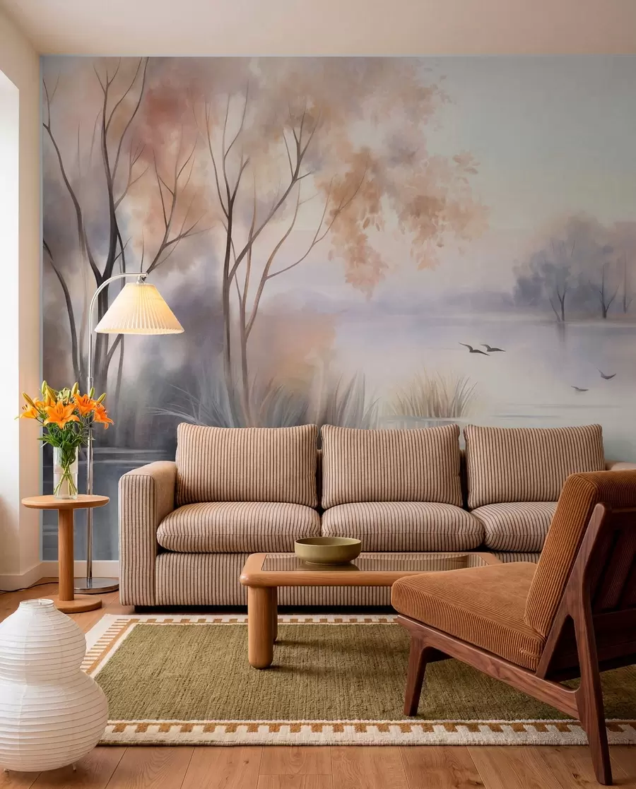 murais de parede Paisagem: um lago enevoado com árvores e juncos, pássaros a voar, estilo de pintura em aguarela com textura w09866