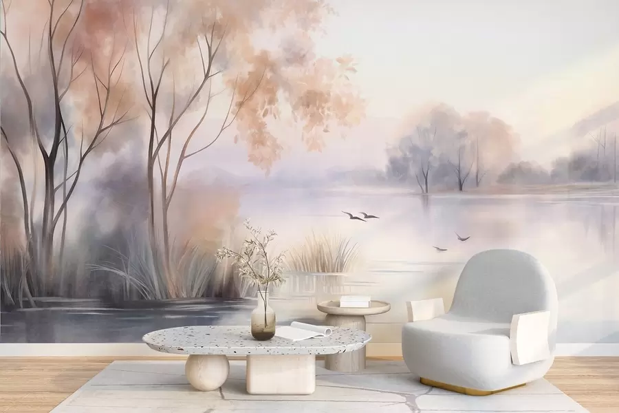 murais de parede Paisagem: um lago enevoado com árvores e juncos, pássaros a voar, estilo de pintura em aguarela com textura w09866
