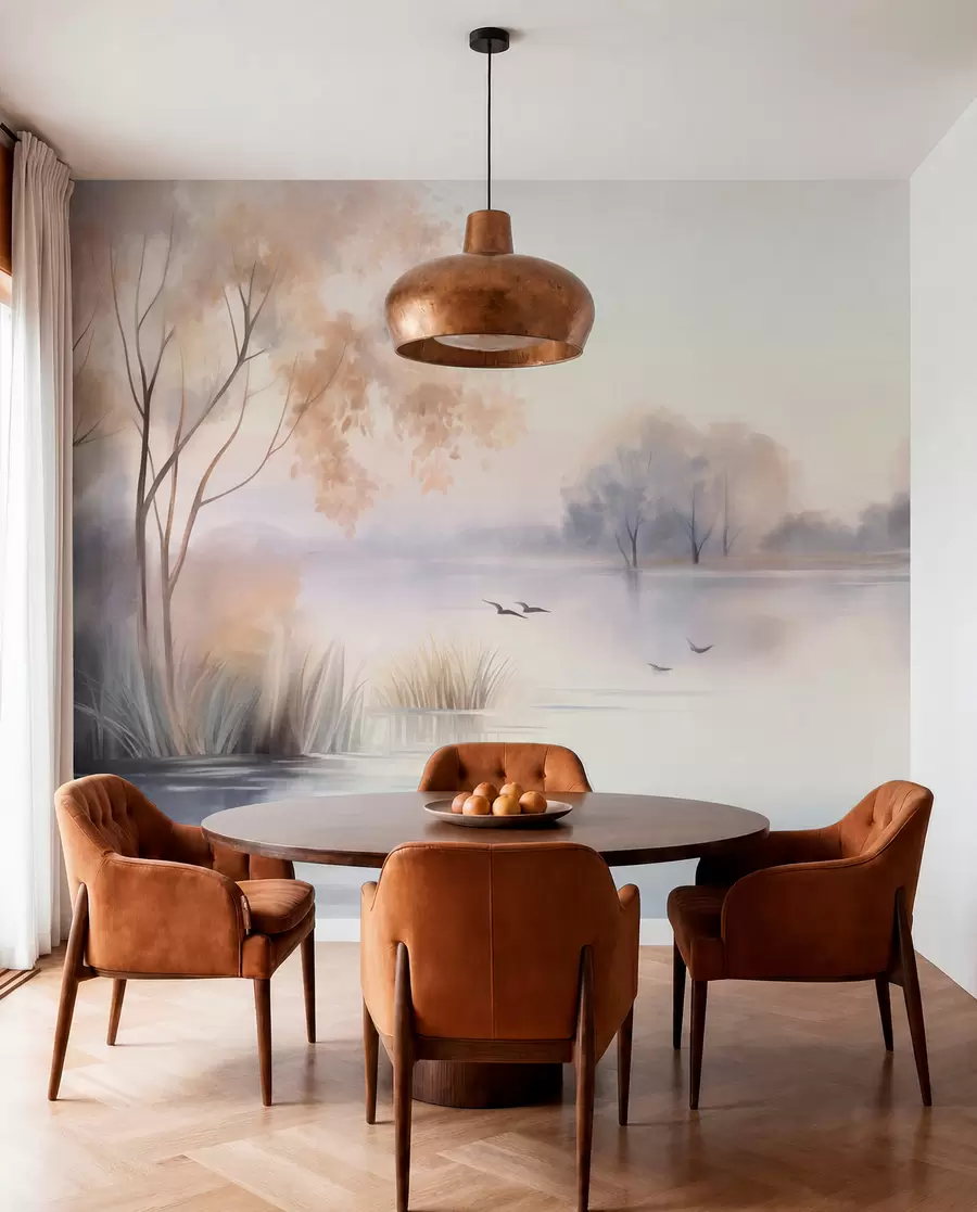 murais de parede Paisagem: um lago enevoado com árvores e juncos, pássaros a voar, estilo de pintura em aguarela com textura w09866