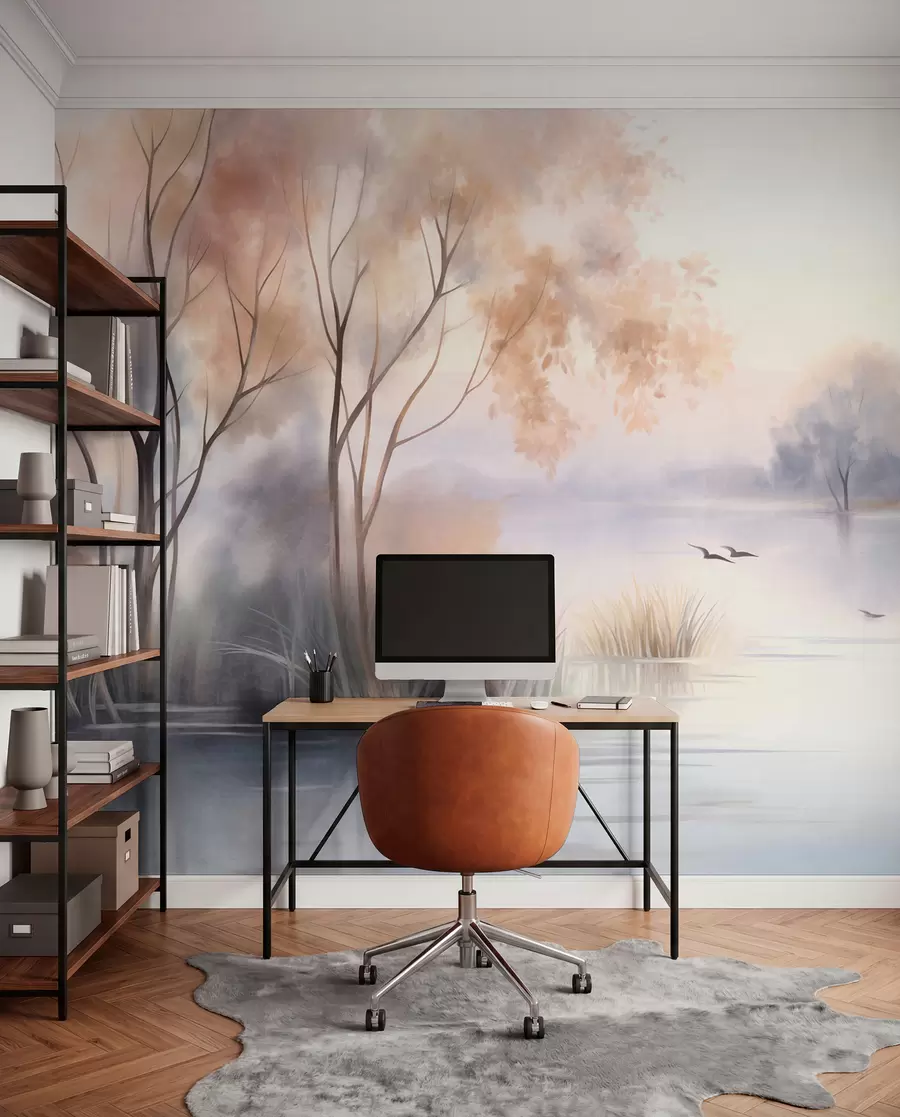 murais de parede Paisagem: um lago enevoado com árvores e juncos, pássaros a voar, estilo de pintura em aguarela com textura w09866