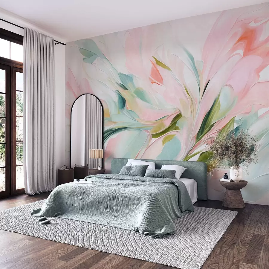 murais de parede Pintura floral abstrata com pinceladas suaves em tons pastel sobre um fundo claro w09871