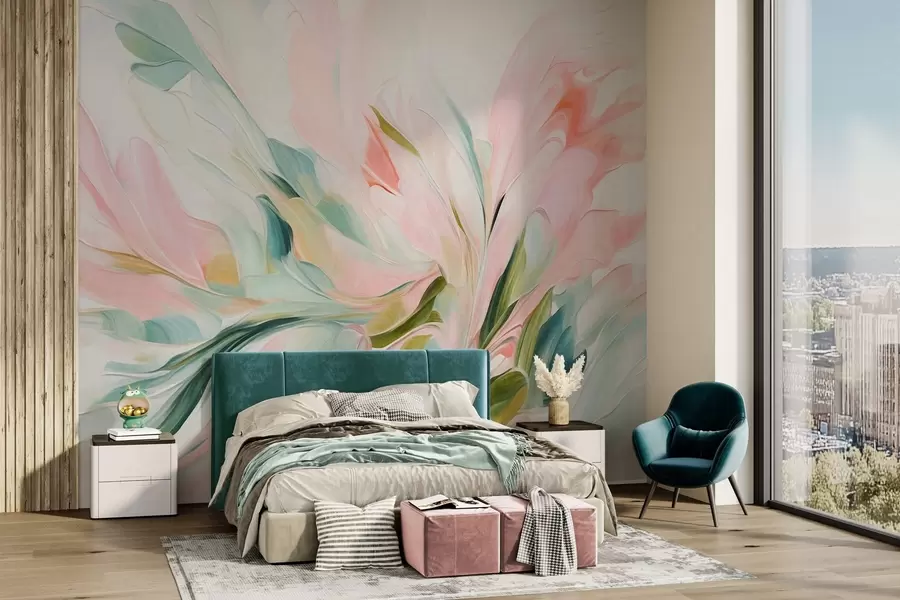 murais de parede Pintura floral abstrata com pinceladas suaves em tons pastel sobre um fundo claro w09871