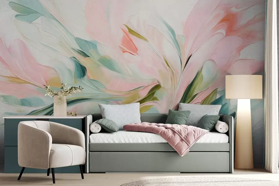 murais de parede Pintura floral abstrata com pinceladas suaves em tons pastel sobre um fundo claro w09871