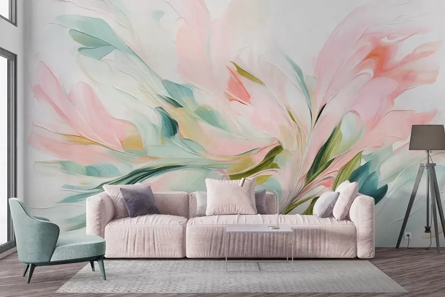 murais de parede Pintura floral abstrata com pinceladas suaves em tons pastel sobre um fundo claro w09871