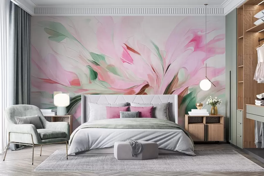 murais de parede Pintura floral abstrata com pinceladas suaves em tons pastel sobre um fundo claro w09871v1