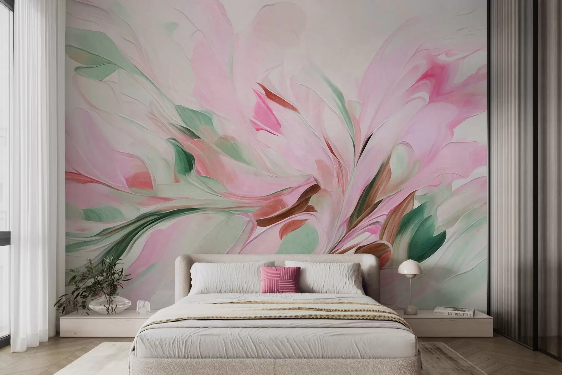 murais de parede Pintura floral abstrata com pinceladas suaves em tons pastel sobre um fundo claro w09871v1