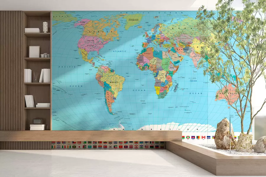 murais de parede Um mapa político do mundo a cores com bandeiras, em inglês c00004en