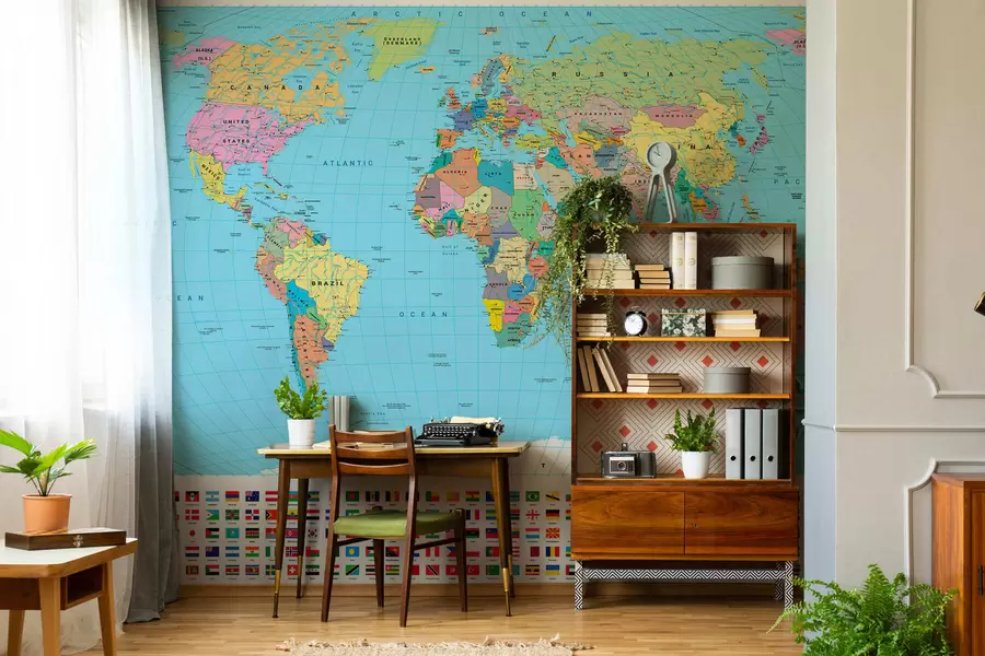 murais de parede Um mapa político do mundo a cores com bandeiras, em inglês c00004en