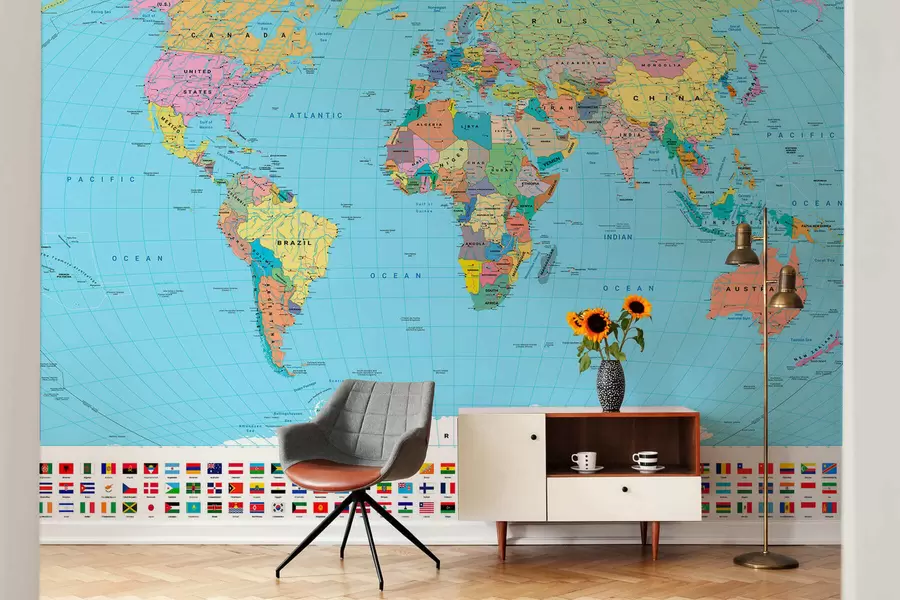 murais de parede Um mapa político do mundo a cores com bandeiras, em inglês c00004en