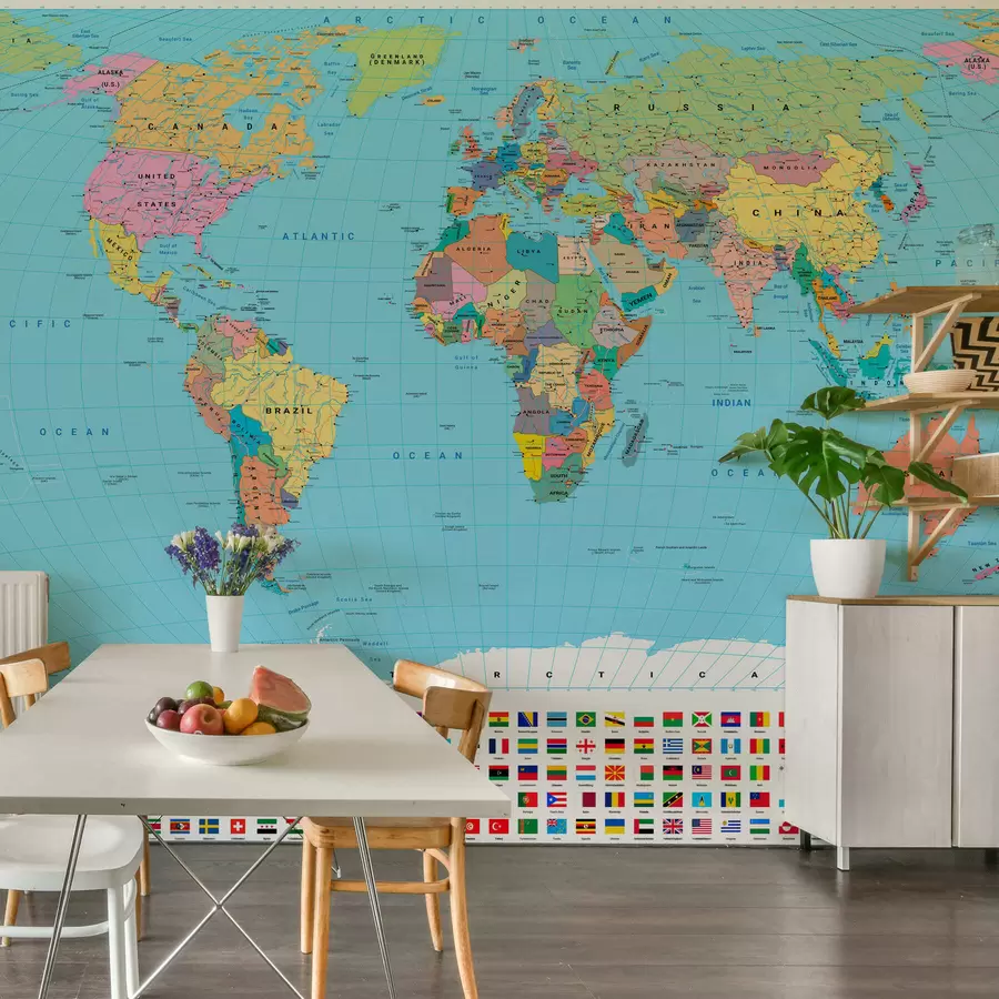 murais de parede Um mapa político do mundo a cores com bandeiras, em inglês c00004en