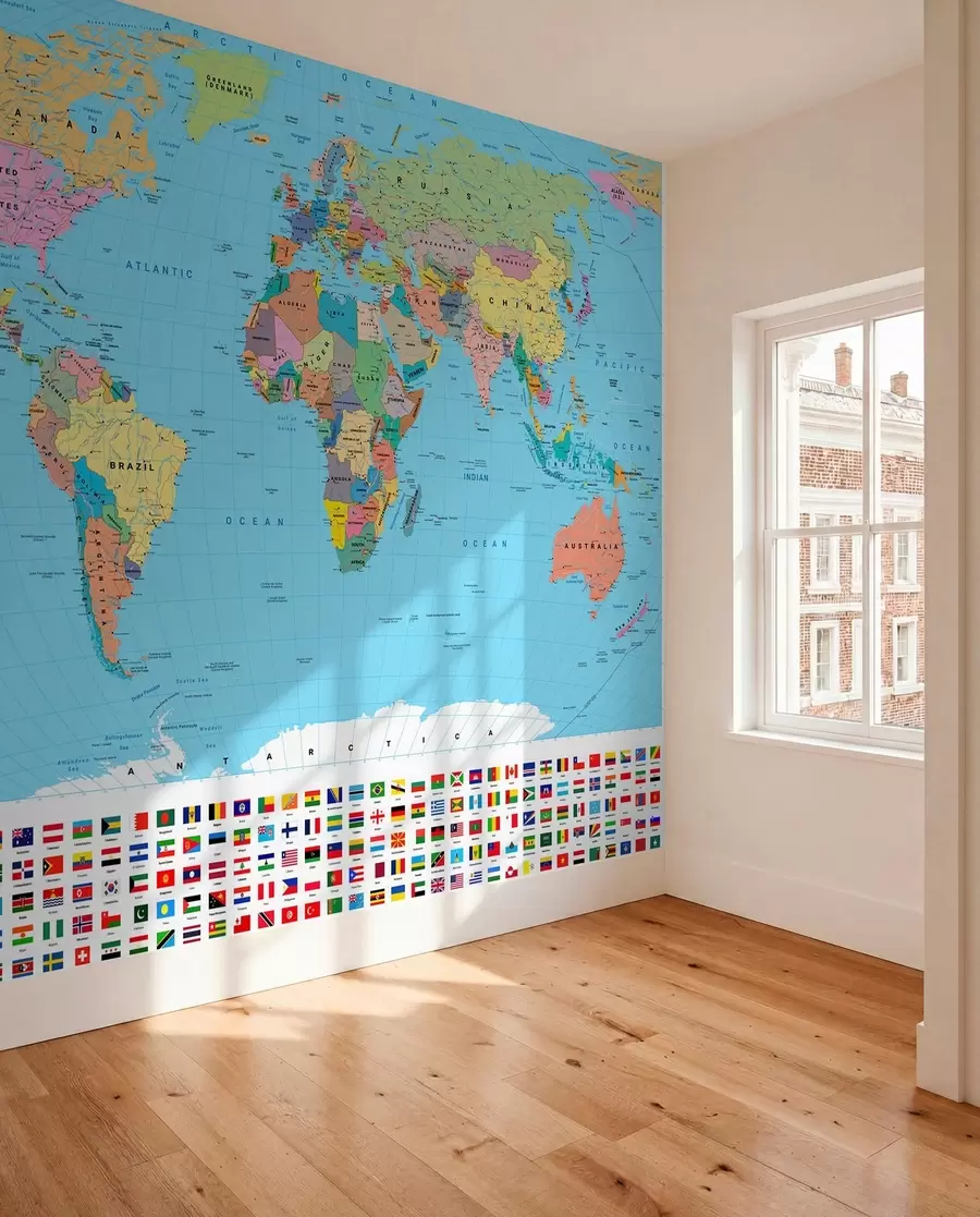 murais de parede Um mapa político do mundo a cores com bandeiras, em inglês c00004en