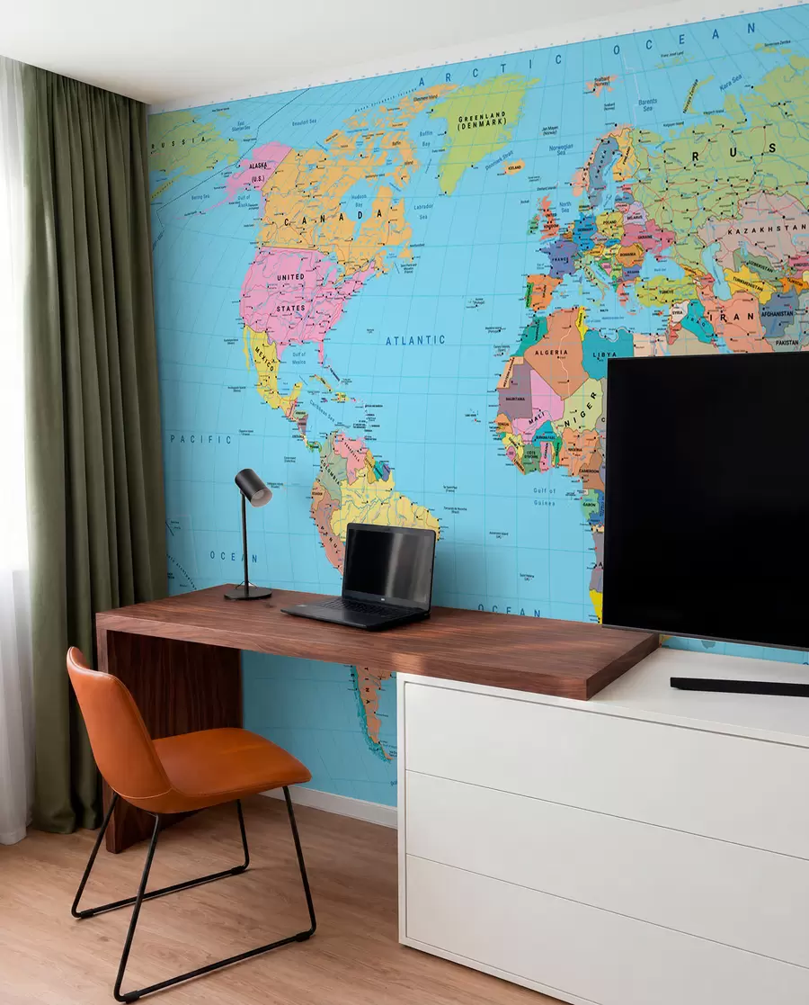 murais de parede Um mapa político do mundo a cores com bandeiras, em inglês c00004en
