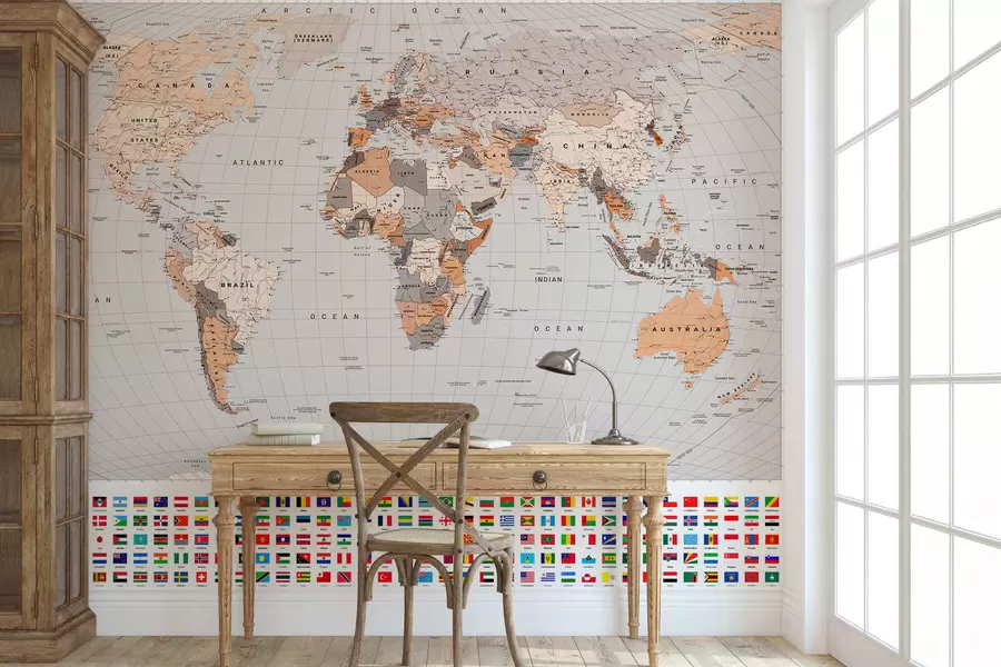 murais de parede Um mapa político do mundo com bandeiras em tons de castanho e bege, em inglês c00004env2