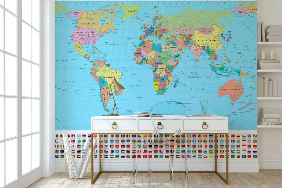 murais de parede Um mapa político do mundo em tons de verde-oliva com bandeiras, em ucraniano c00004uk