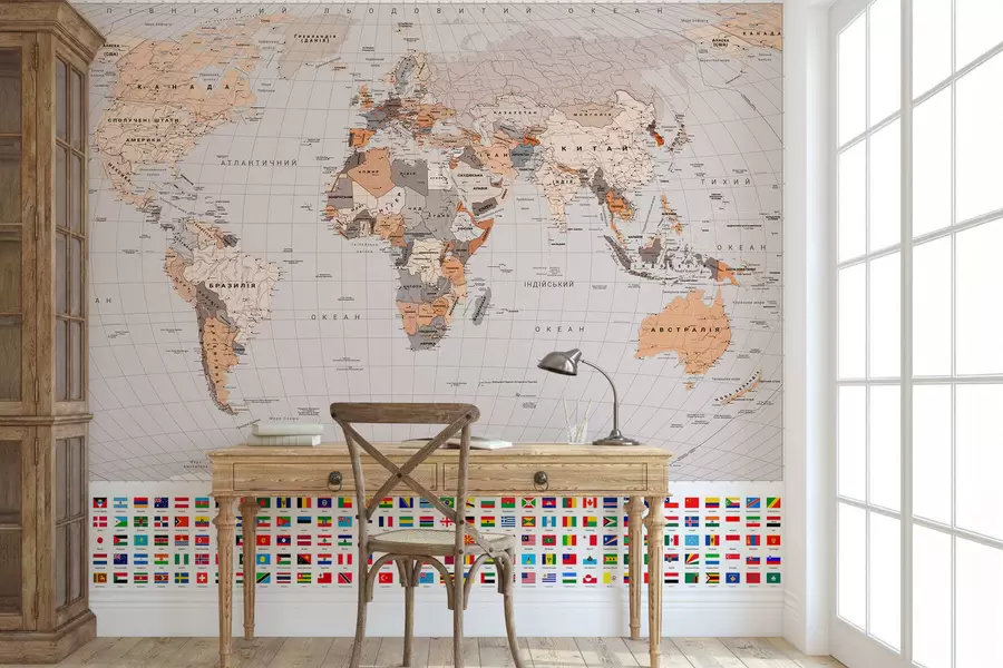 murais de parede Um mapa político do mundo com bandeiras em tons de castanho e bege, em ucraniano c00004ukv2