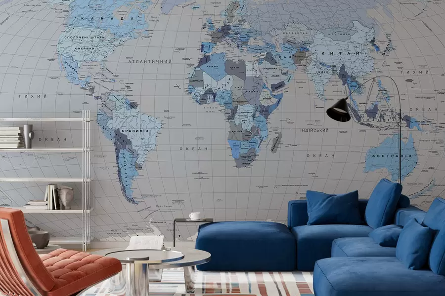 murais de parede Um mapa político do mundo com bandeiras em tons de azul, em ucraniano c00004ukv3