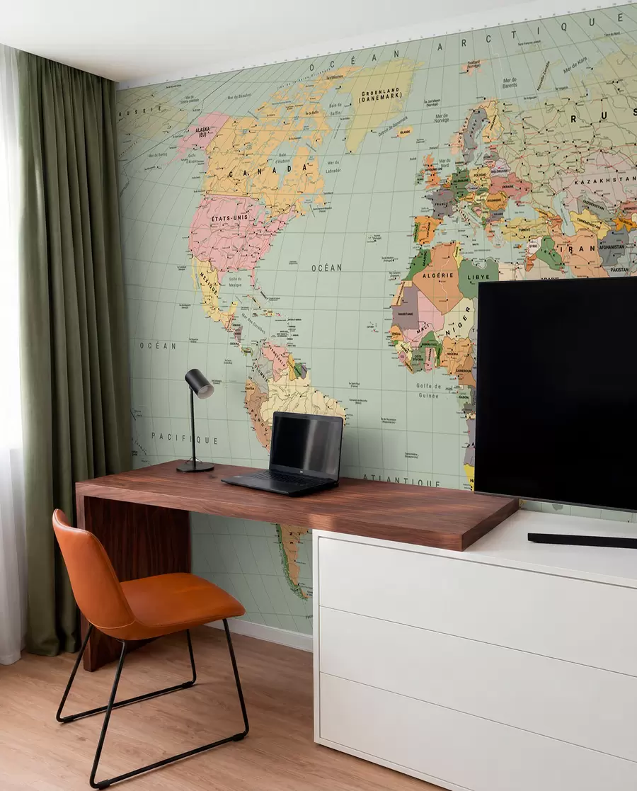 murais de parede Um mapa político do mundo a cores com bandeiras, em francês c00004frv1
