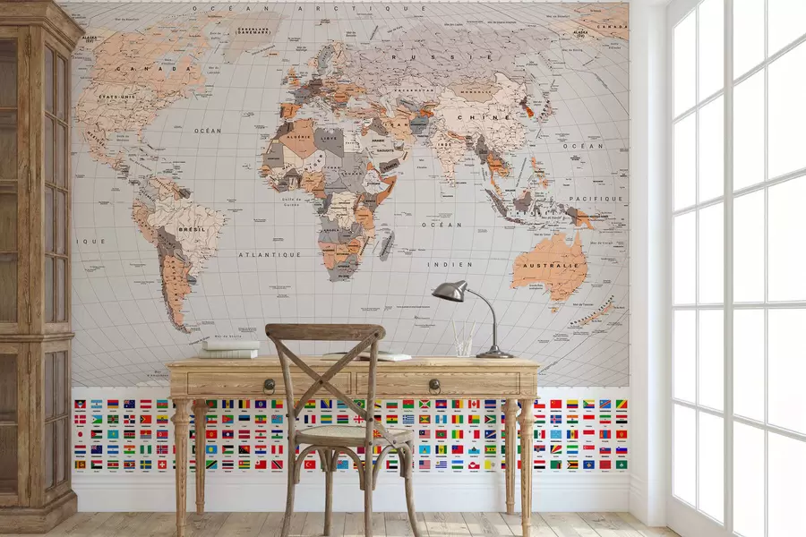 murais de parede Um mapa político do mundo com bandeiras em tons de castanho e bege, em francês c00004frv2