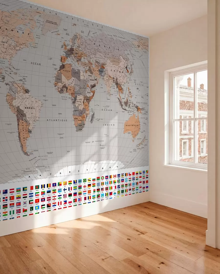 murais de parede Um mapa político do mundo com bandeiras em tons de castanho e bege, em francês c00004frv2