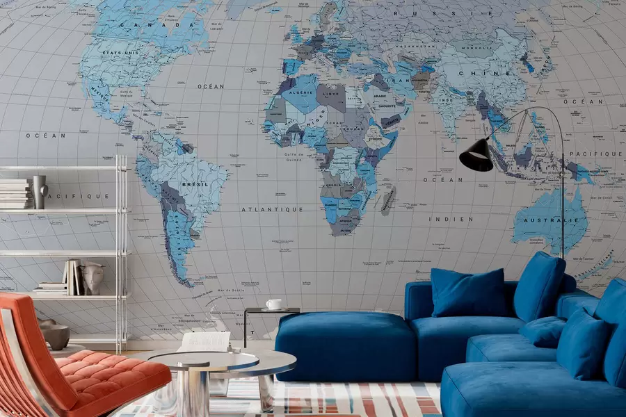 murais de parede Um mapa político do mundo com bandeiras em tons de azul, em francês c00004frv3