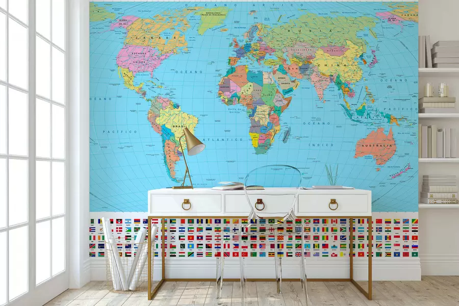 murais de parede Um mapa político do mundo em tons de verde-oliva com bandeiras em espanhol c00004es