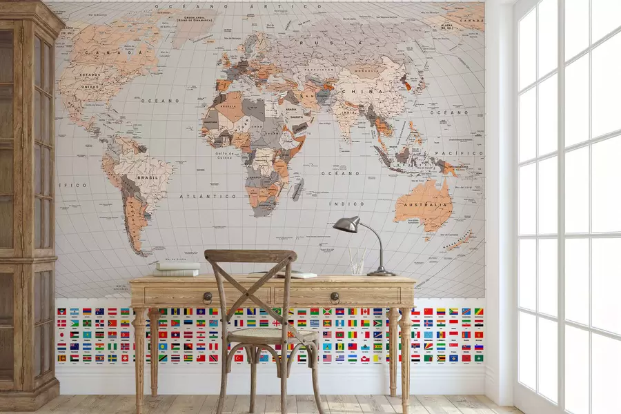 murais de parede Um mapa político do mundo com bandeiras em tons de castanho e bege, em espanhol c00004esv2