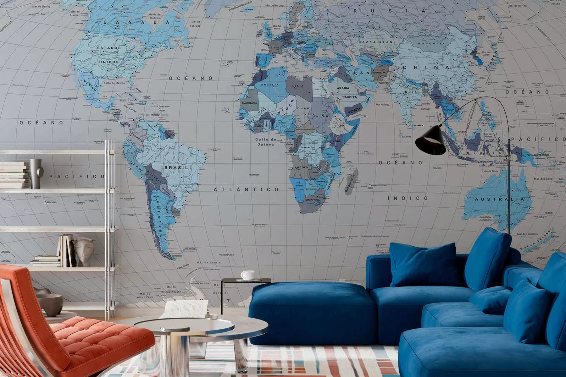 murais de parede Um mapa político do mundo com bandeiras em tons de azul. em espanhol c00004esv3
