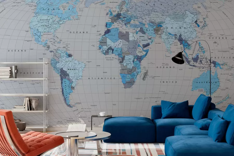murais de parede Um mapa político do mundo com bandeiras em tons de azul. em espanhol c00004esv3