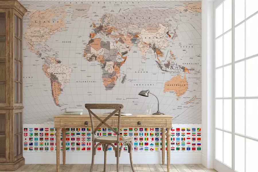 murais de parede Um mapa político do mundo com bandeiras em tons de castanho e bege. Em polaco c00004plv2
