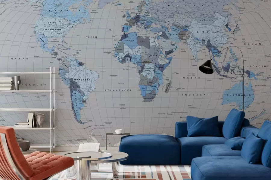 murais de parede Um mapa político do mundo com bandeiras em tons de azul. Em polaco c00004plv3