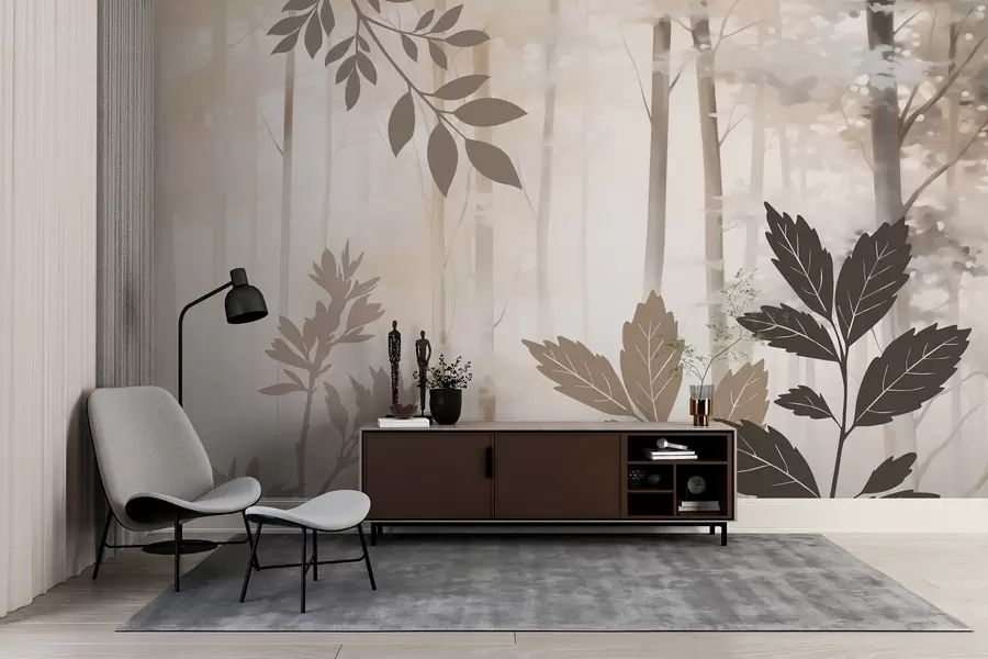 murais de parede Silhuetas de vegetação contra o pano de fundo de uma floresta abstrata w05586