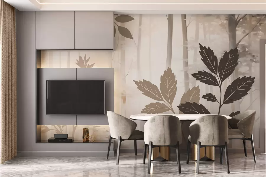 murais de parede Silhuetas de vegetação contra o pano de fundo de uma floresta abstrata w05586