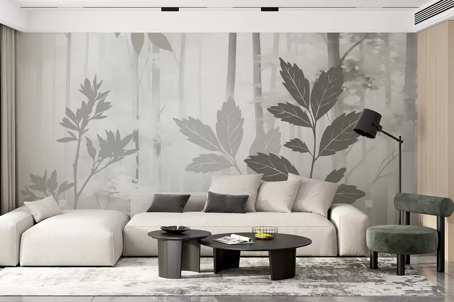 murais de parede Silhuetas de vegetação contra o pano de fundo de uma floresta abstrata w05586v1