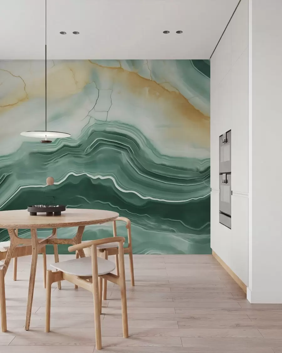 murais de parede Imitacão de um padrão abstrato com textura de mármore, em tons de verde e amarelo w05587