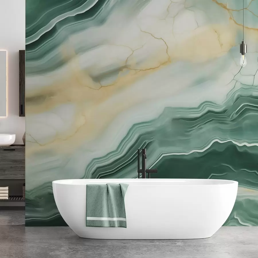 murais de parede Imitacão de um padrão abstrato com textura de mármore, em tons de verde e amarelo w05587