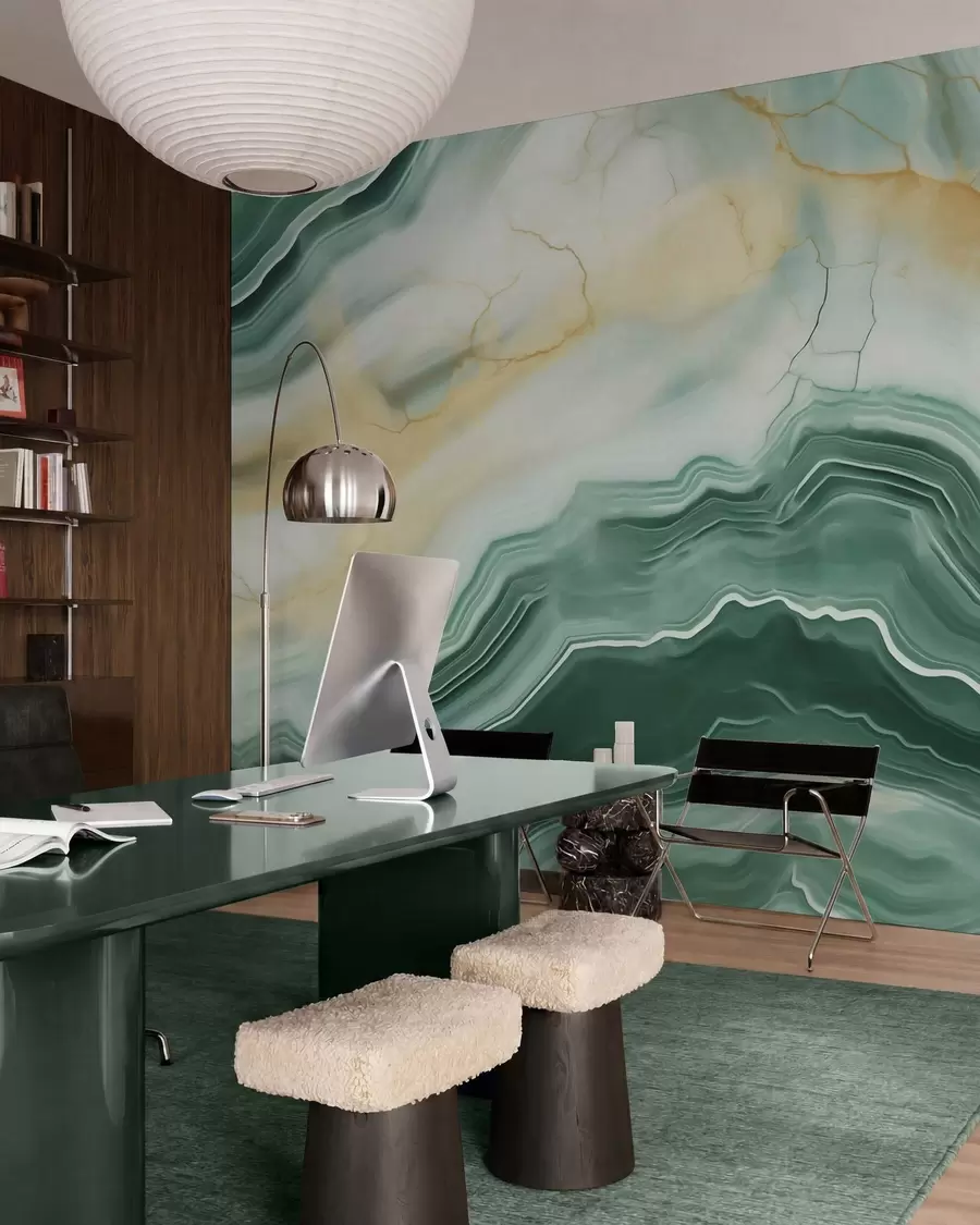 murais de parede Imitacão de um padrão abstrato com textura de mármore, em tons de verde e amarelo w05587