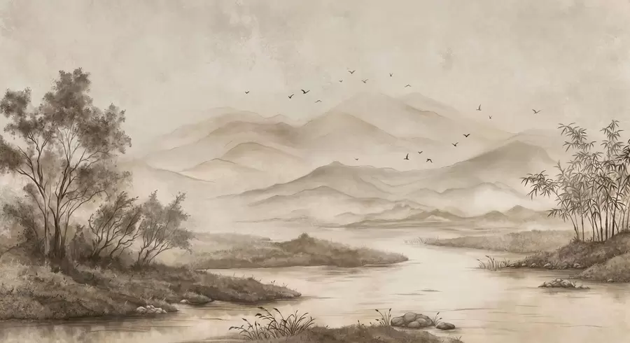 murais de parede Paisagem montanhosa enevoada com rio e pássaros w05535
