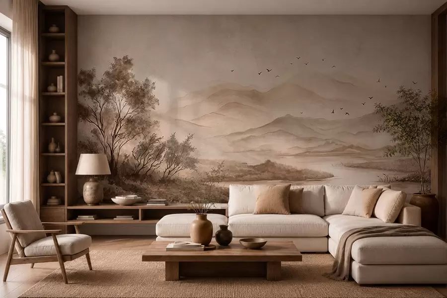 murais de parede Paisagem montanhosa enevoada com rio e pássaros w05535