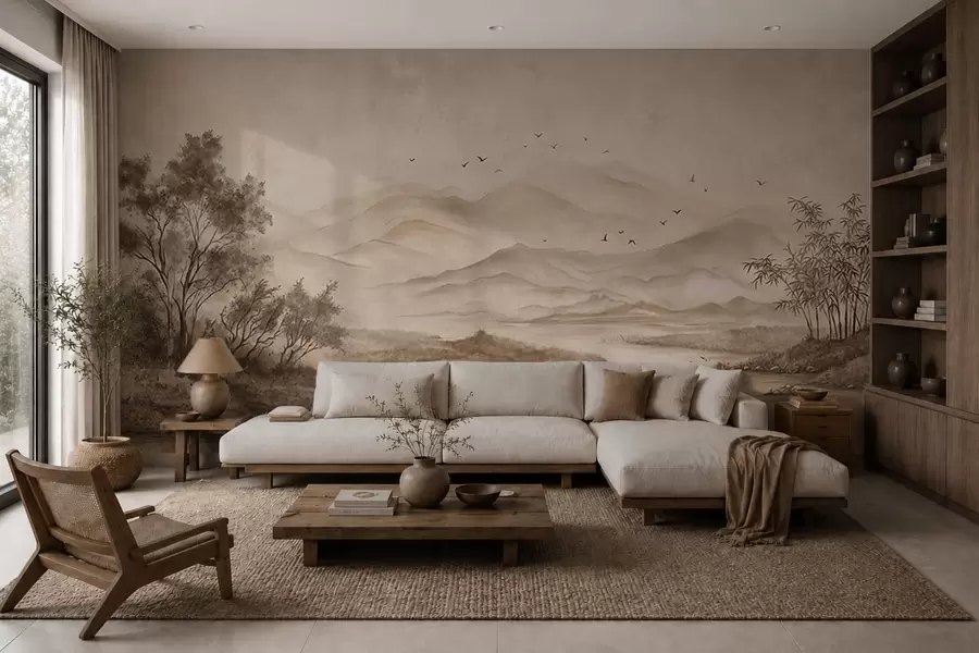 murais de parede Paisagem montanhosa enevoada com rio e pássaros w05535