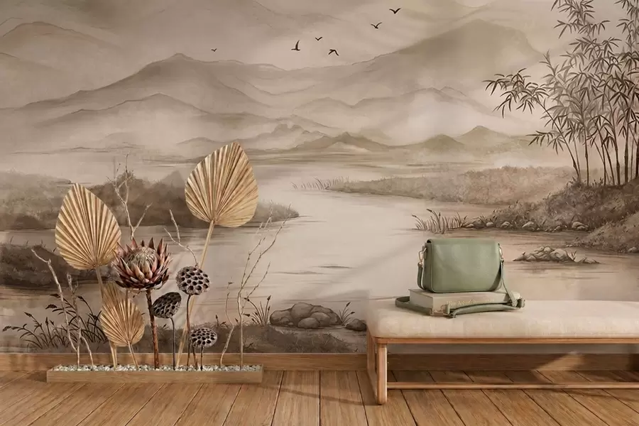 murais de parede Paisagem montanhosa enevoada com rio e pássaros w05535