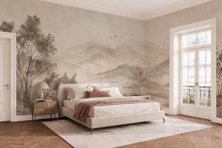 murais de parede Paisagem tranquila com rio e montanhas ao longe w05535v1