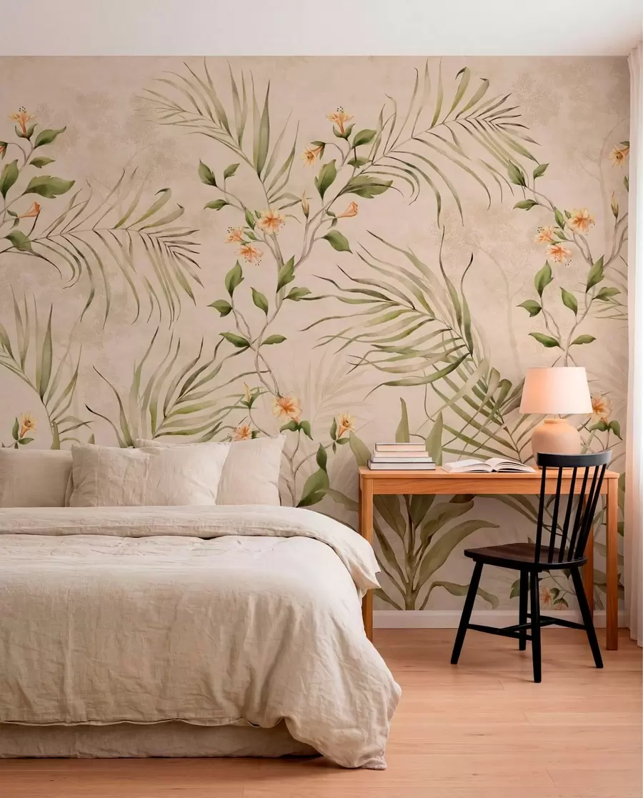 murais de parede Folhas tropicais e flores delicadas sobre um fundo bege w05625