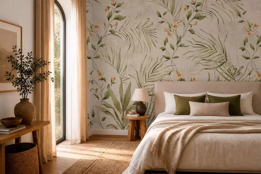 murais de parede Folhas tropicais e flores delicadas sobre um fundo bege w05625